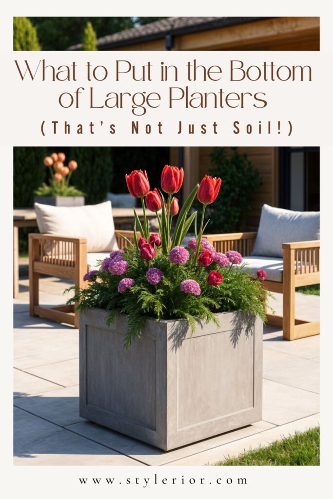 Large planter with flowers demonstrating what to put in the bottom of large planters.