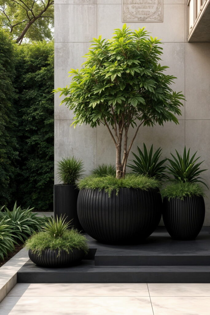 Black round planters with tall green plants on outdoor patio steps for heavy filler stability.