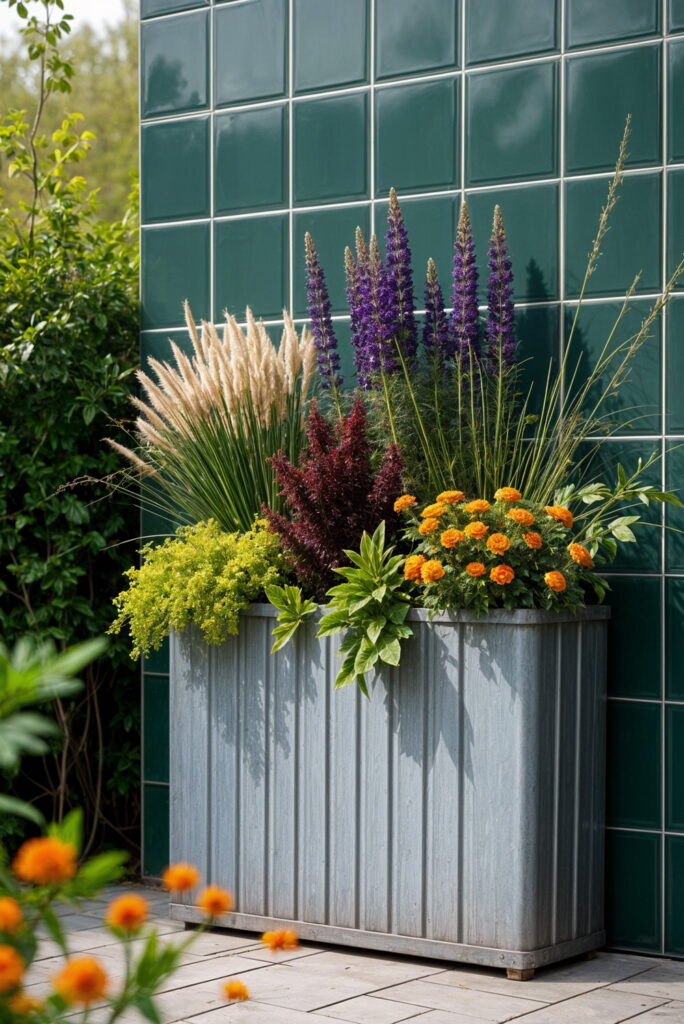 Outdoor large rectangular planter with mixed flowering plants and foliage, demonstrating a lightweight filler base for improved drainage and reduced weight.