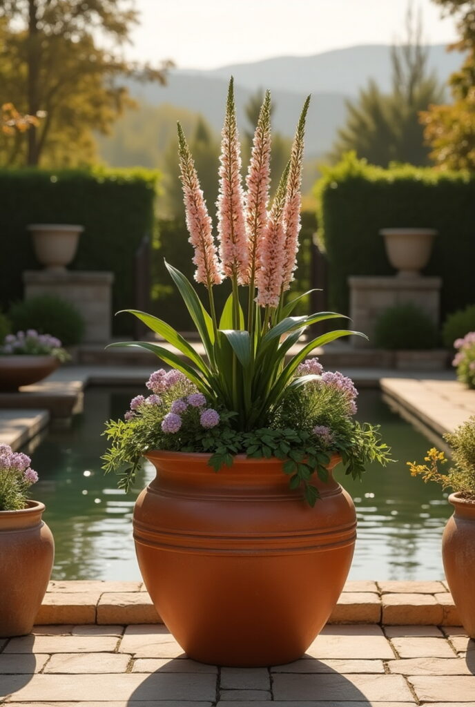 Layered plants and flowers arranged in a terracotta planter, showing different heights and colors for visual interest.