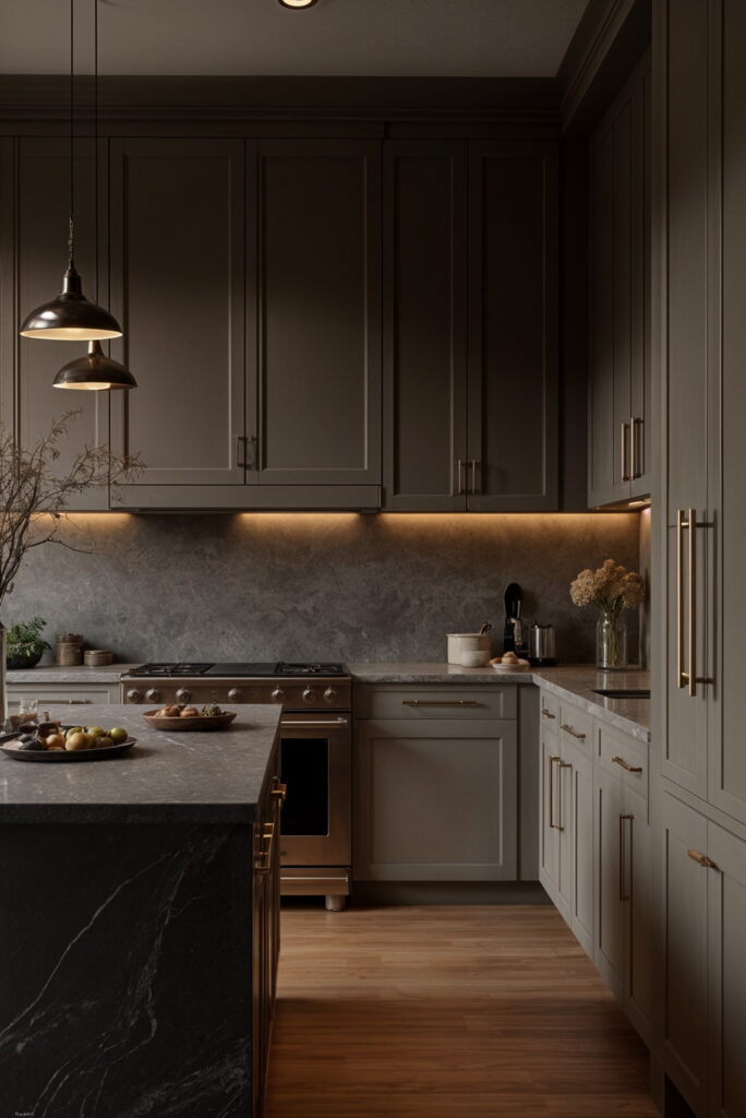 Dark-toned kitchen with matte cabinets, moody lighting, and brass fixtures