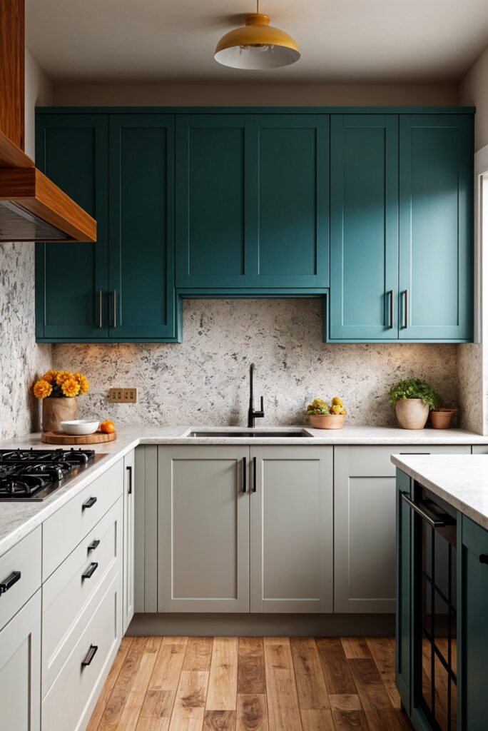 Two-tone cabinet setup with greige lowers, teal uppers, and a marble backsplash