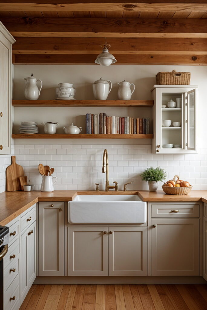 Farmhouse-style kitchen with open wood shelves, apron sink, and warm neutral tones