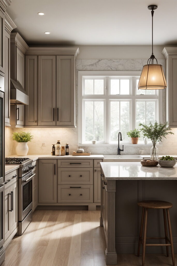 Tall cabinetry with marble backsplash, central island, and natural wood flooring