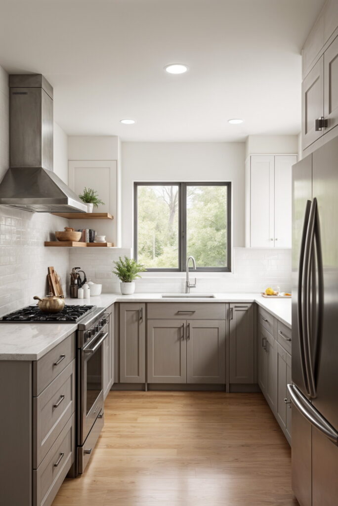 Compact kitchen with stainless steel appliances, floating shelves, and greige color scheme
