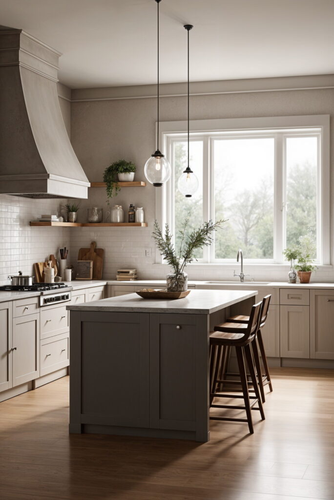 Greige kitchen with dark island, open wood shelves, white tile backsplash, and pendant lighting