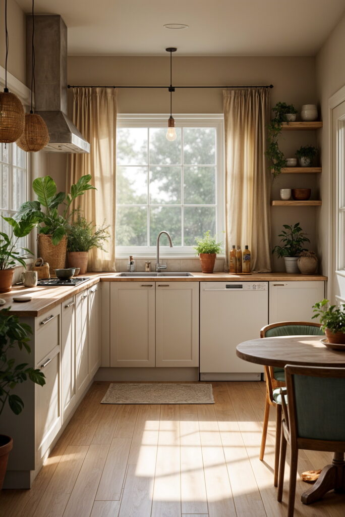 Greige kitchen with soft curtains, wood countertops, indoor plants, and cozy natural light