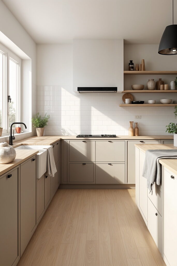 Cottage-inspired kitchen with open shelves, farmhouse sink, and wood countertops