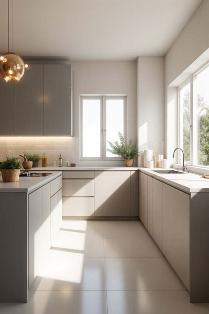Modern U-shaped kitchen with greige cabinets, white countertops, and natural light from large windows
