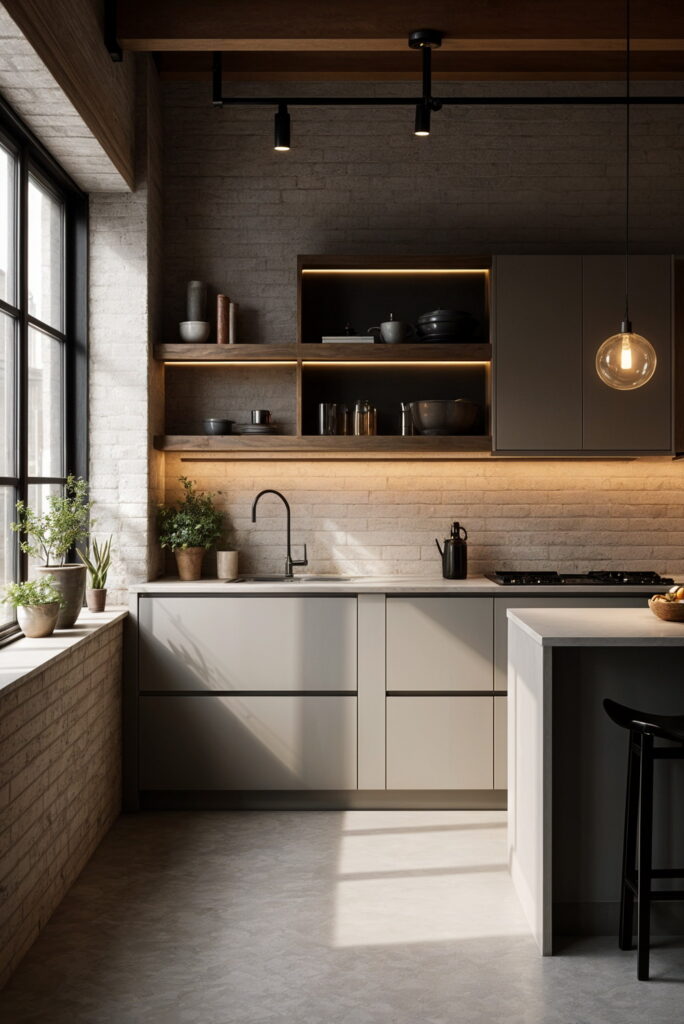 Industrial kitchen featuring exposed brick walls, black accents, and open shelving
