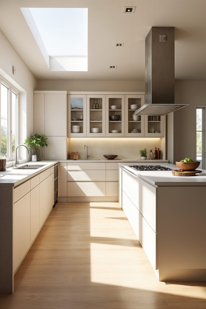 Minimalist kitchen with skylight, flat-panel cabinets, and modern layout