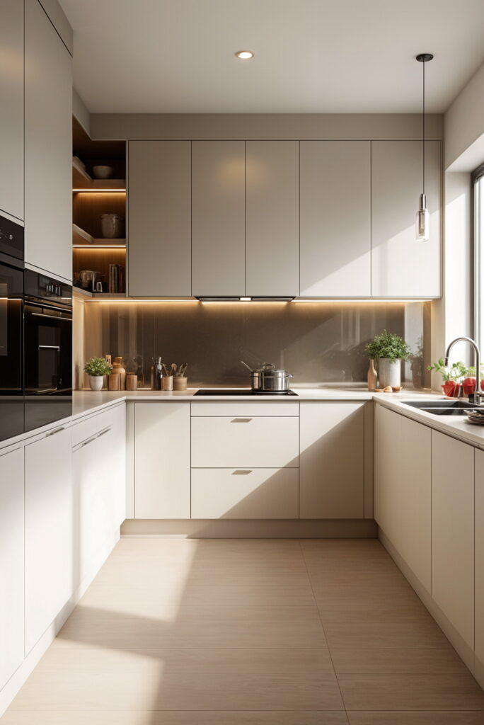 Modern greige kitchen with sleek cabinets, under-cabinet lighting, glass backsplash, and built-in appliances