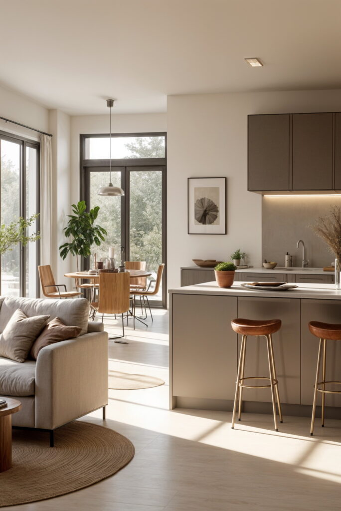 Open-concept greige kitchen with modern island, bar stools, large windows, and mid-century dining area