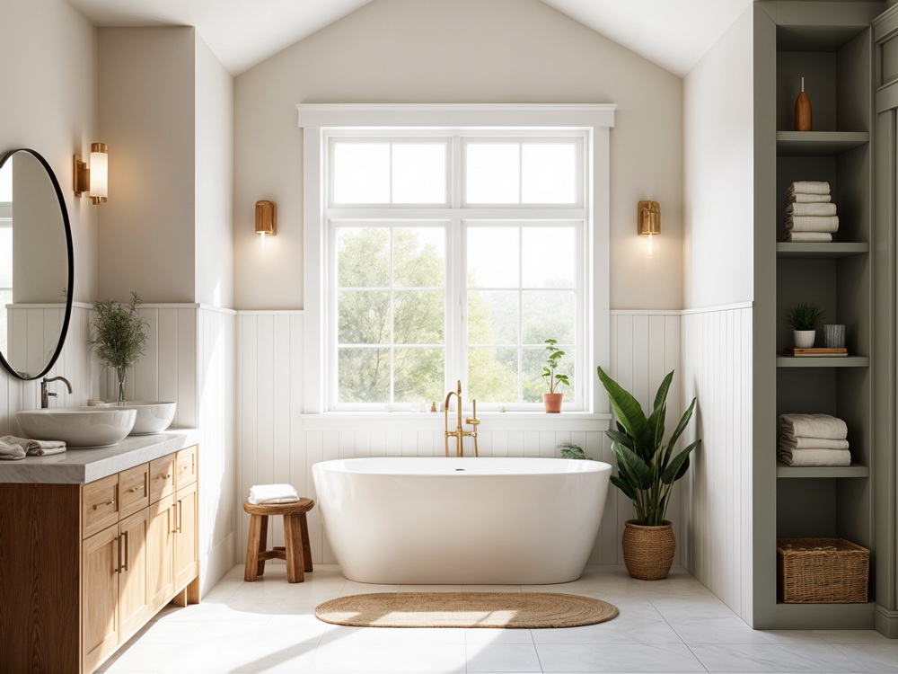 Bright shiplap bathroom with freestanding tub, wood vanity, round mirror, and built-in shelving with plants and towels.