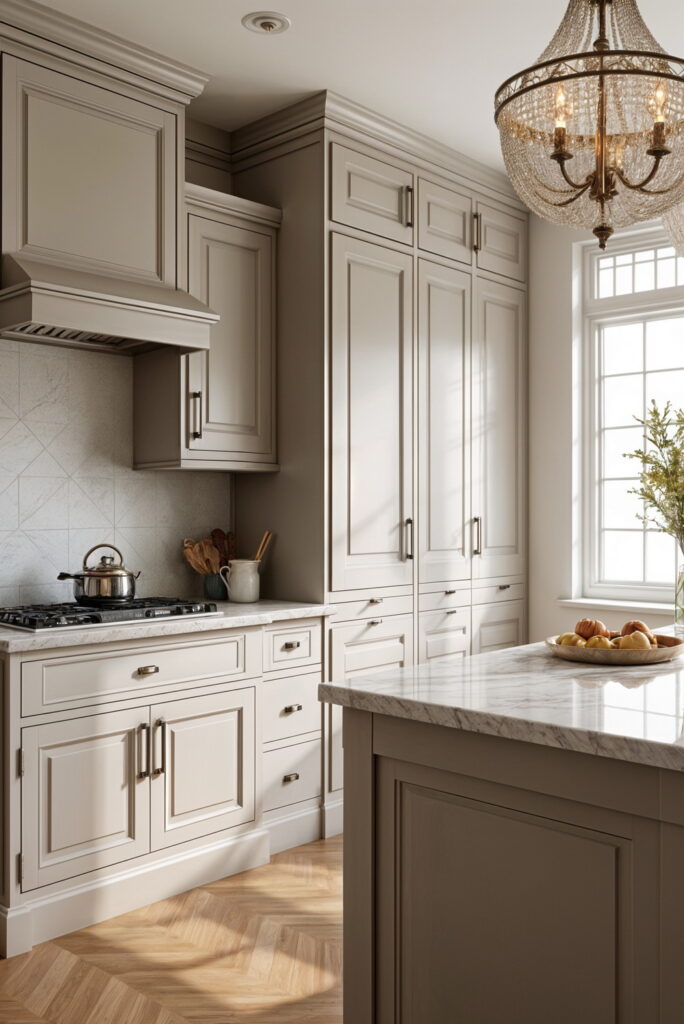 Traditional greige kitchen with detailed cabinetry, marble island, herringbone wood floors, and chandelier