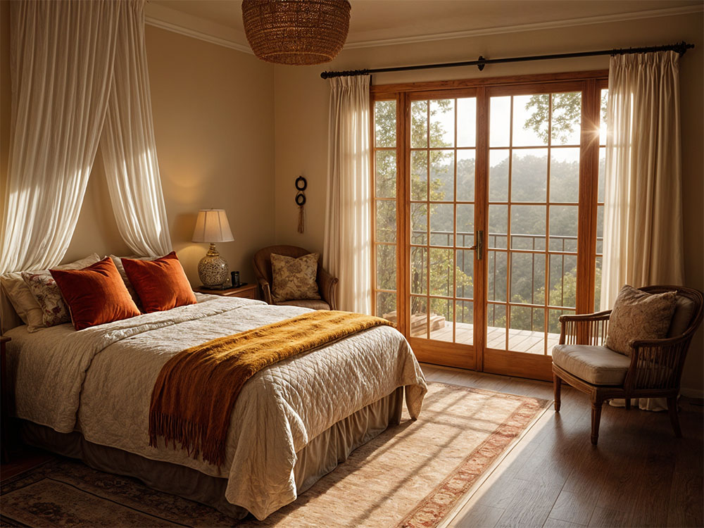 A cozy bedroom bathed in warm light, featuring layered textiles and natural textures that invite touch and create a deeply personal, sensory experience.