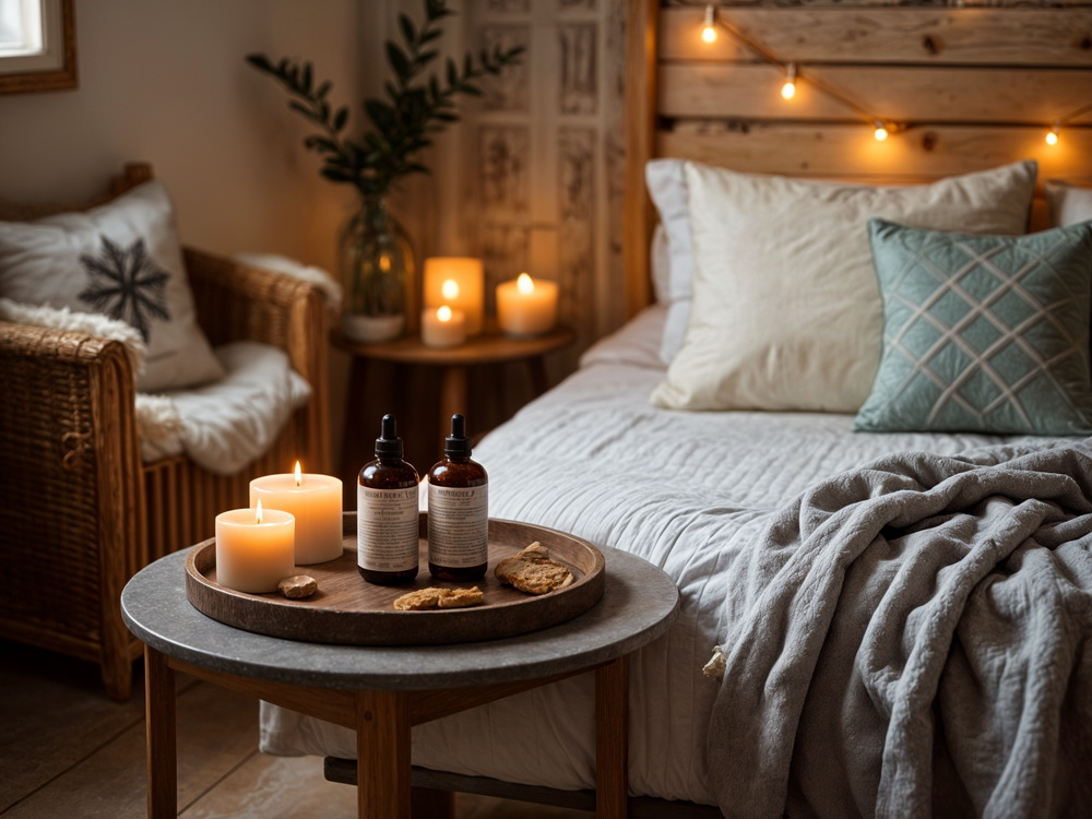 A cozy bedroom corner designed as a personal retreat, layered with soft textures, candles, and calming natural details for quiet moments in shared living.