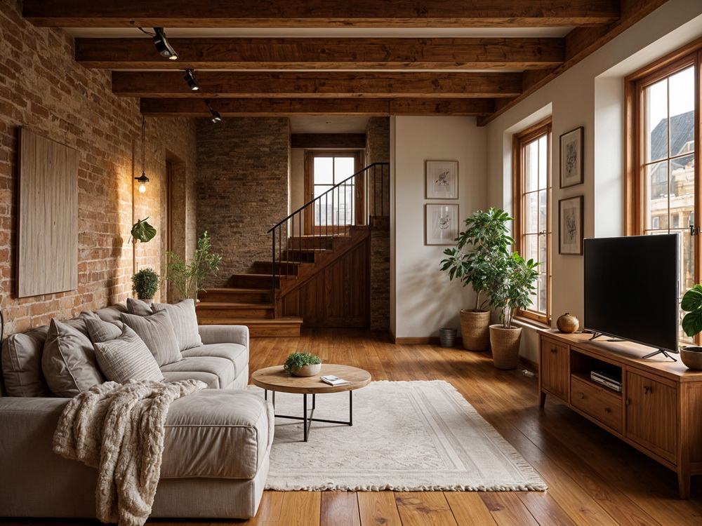 A cozy living room combines exposed brick, wood beams, and soft furnishings to showcase how mixing materials can create designer style on a budget.