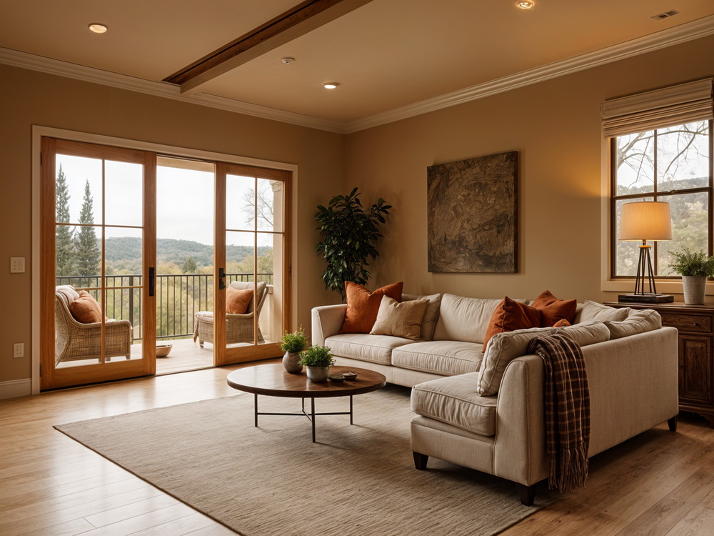 A cozy living room showcasing modern neutrals with layered earth tones, warm wood, and soft textures that invite comfort and calm.