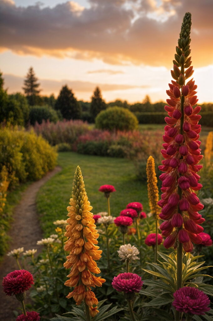 A garden bathed in sunset light, highlighting the natural beauty of its plants and greenery.