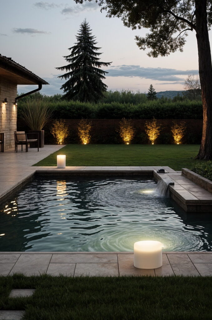 A lit water feature adds soothing sounds and visual charm to the garden at night.