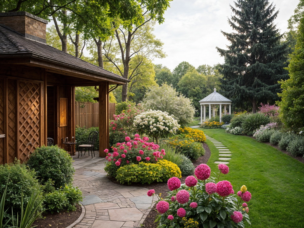 A lush, colorful garden designed with sustainability in mind, blending beauty and environmental harmony.