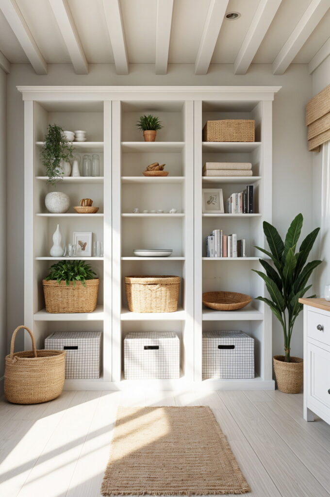 Beginning with a blank canvas helps create a cohesive and intentional shelf arrangement.
