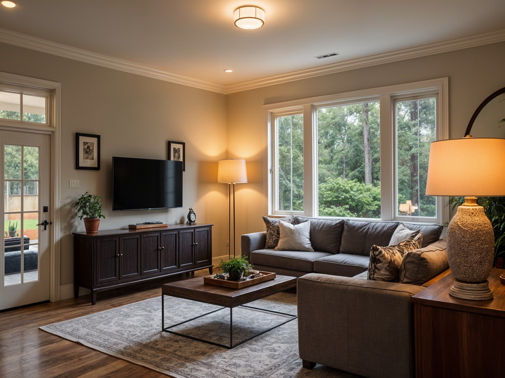 Cozy living room with gray sectional, large windows, and warm ambient lighting.