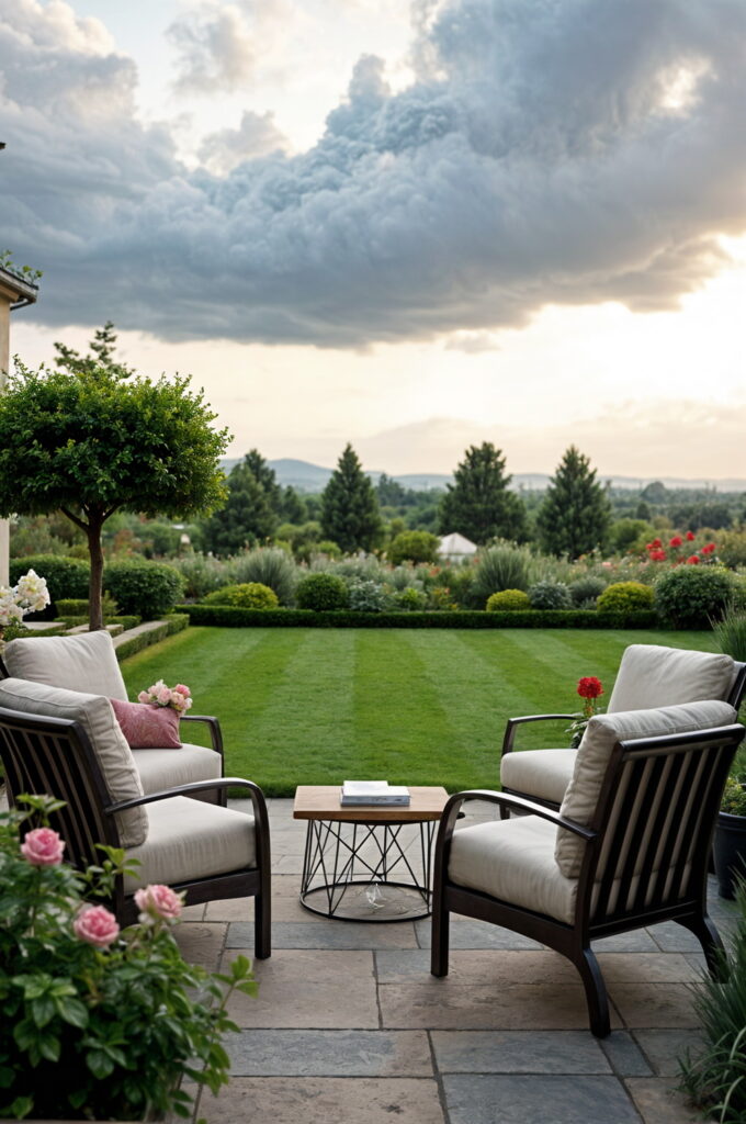Cozy seating arranged for evening comfort, enhanced by warm, ambient lighting.