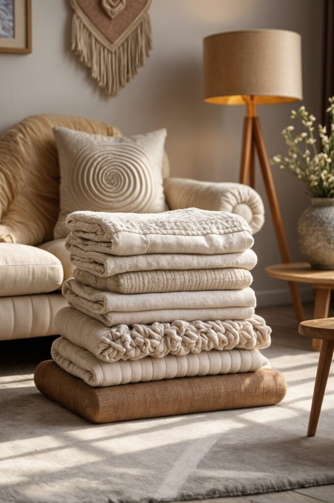 Design a welcoming living room atmosphere with soft textures and a palette of warm neutral tones.