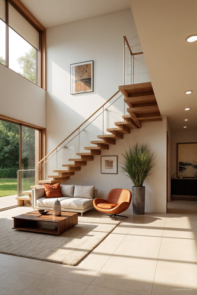 Expansive windows act as a striking focal point, framing views and drawing in natural light.