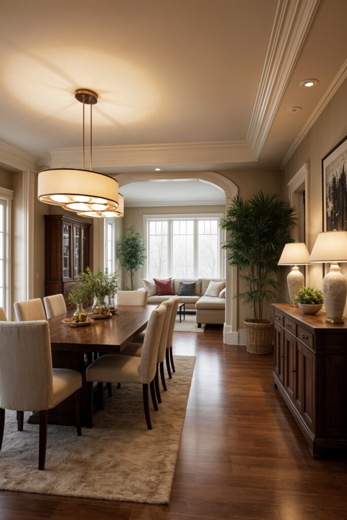 Layered lighting and thoughtful furniture placement create a seamless connection between dining and living spaces.