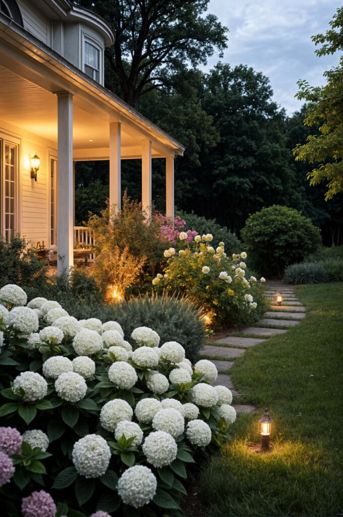 Plants with white blooms and variegated foliage offer visual interest in low light, creating a stunning evening display.