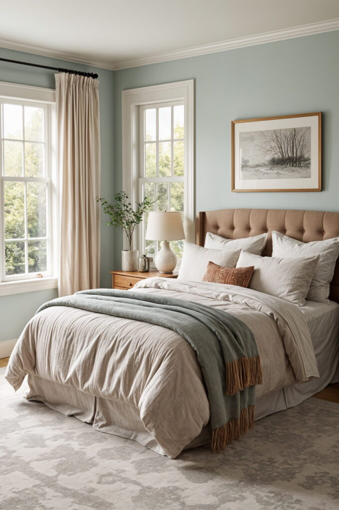 Turn bedrooms into peaceful retreats using soft taupe tones and layered natural textures.