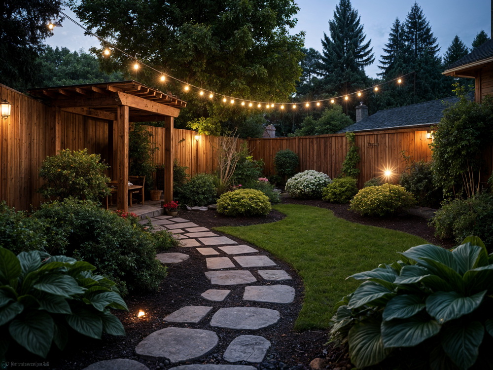 Twilight garden retreat with soft lighting, perfect for relaxing after dark.