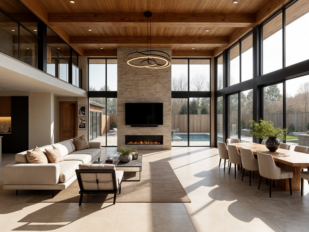 Open-concept modern living and dining area with double-height wood ceiling, floor-to-ceiling black-framed windows, stone fireplace wall with mounted TV, beige sectional sofa, and wooden dining table overlooking a backyard pool.