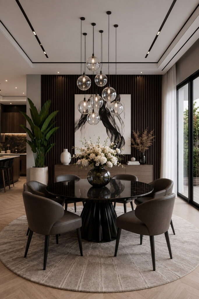 Modern black dining room with statement pendant lighting