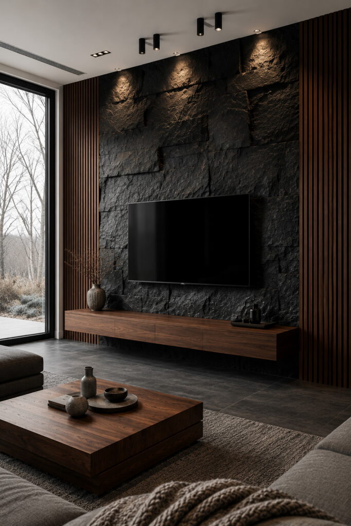 Modern black stone TV wall with walnut accents