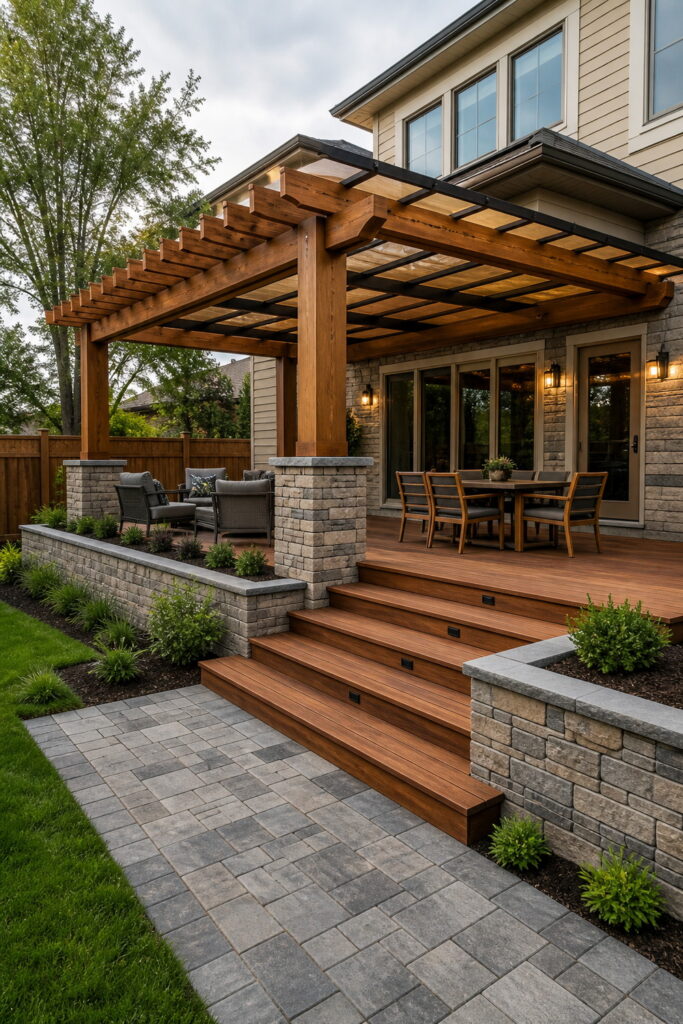Covered pergola deck with stone patio transitions