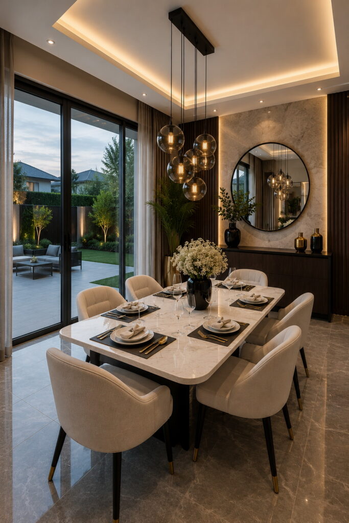Modern marble dining room with warm layered lighting