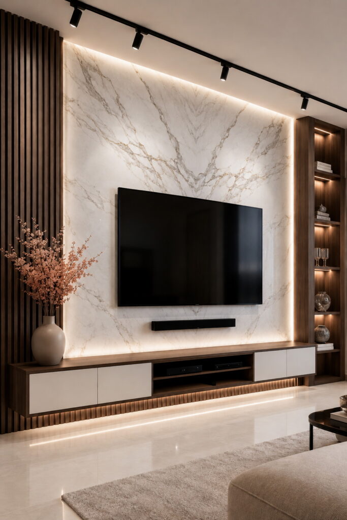 Bookmatched marble TV wall with integrated LED lighting