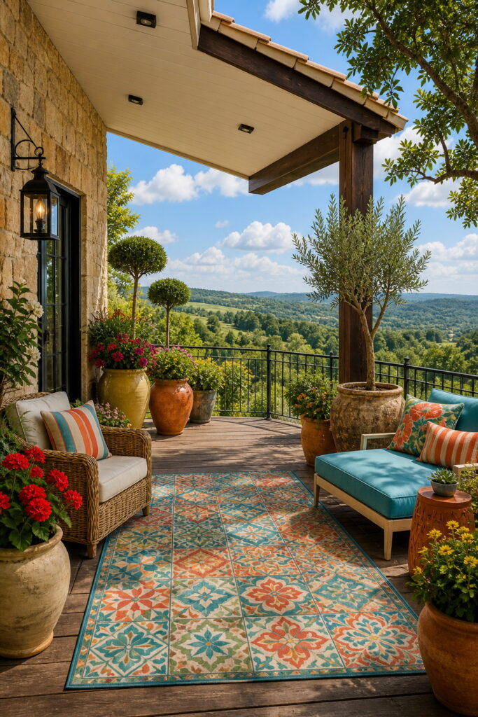 Patterned outdoor rug brightens cozy covered deck.