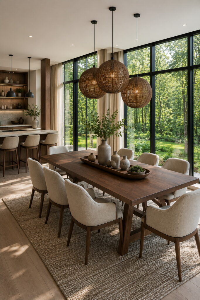 Nature-inspired dining room with warm wood and textured lighting.