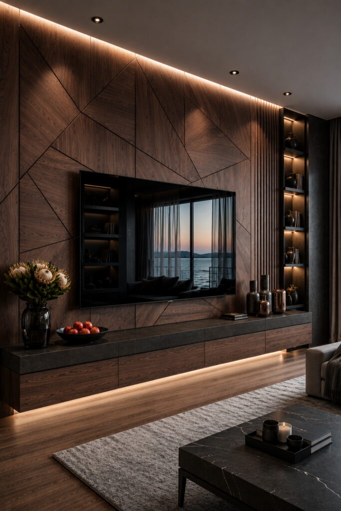 Geometric wood TV wall with integrated storage