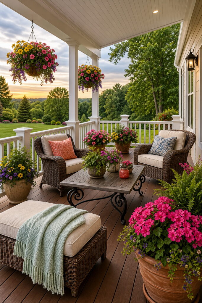 Covered deck porch with colorful flower planters