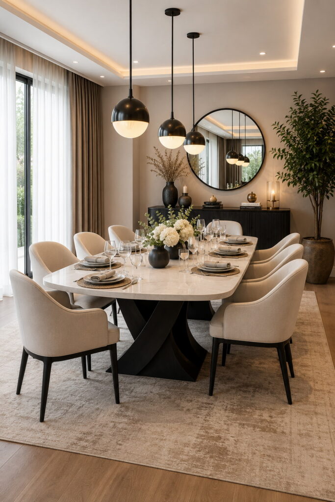 Modern dining room with sculptural table and soft neutral seating
