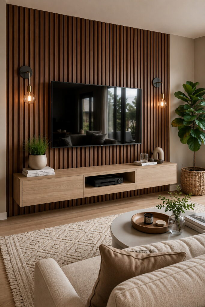 Walnut slat TV wall with warm modern styling