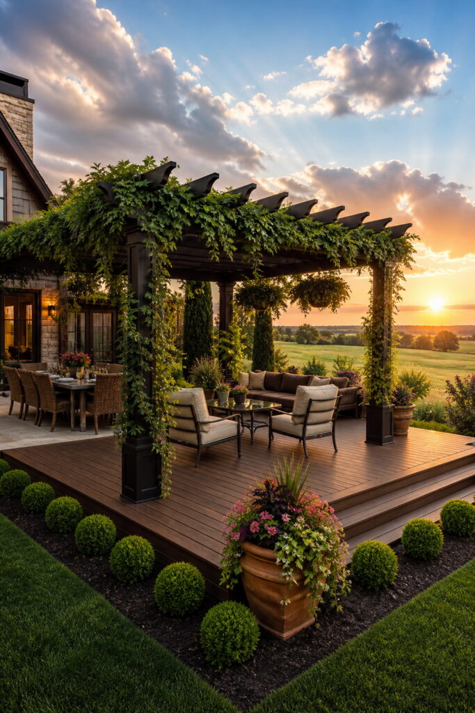 Vine-covered pergola enhances stylish backyard deck retreat.