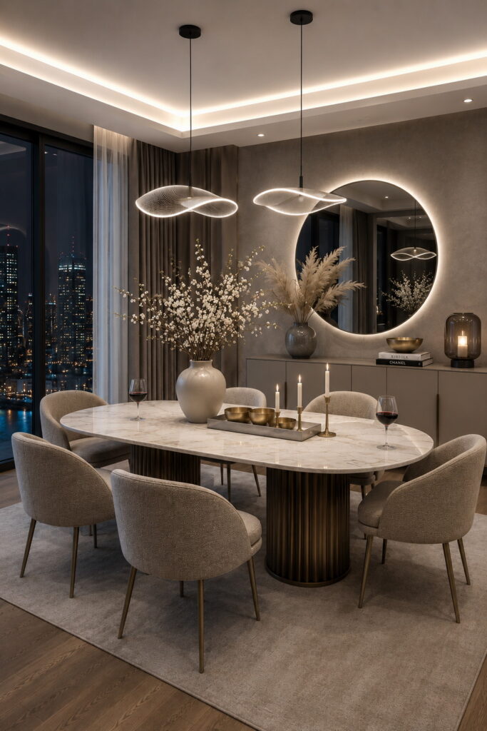 Contemporary dining room with warm layered lighting and marble table