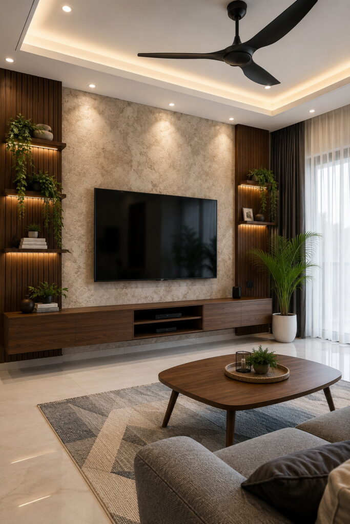 Textured TV wall with walnut shelving and storage